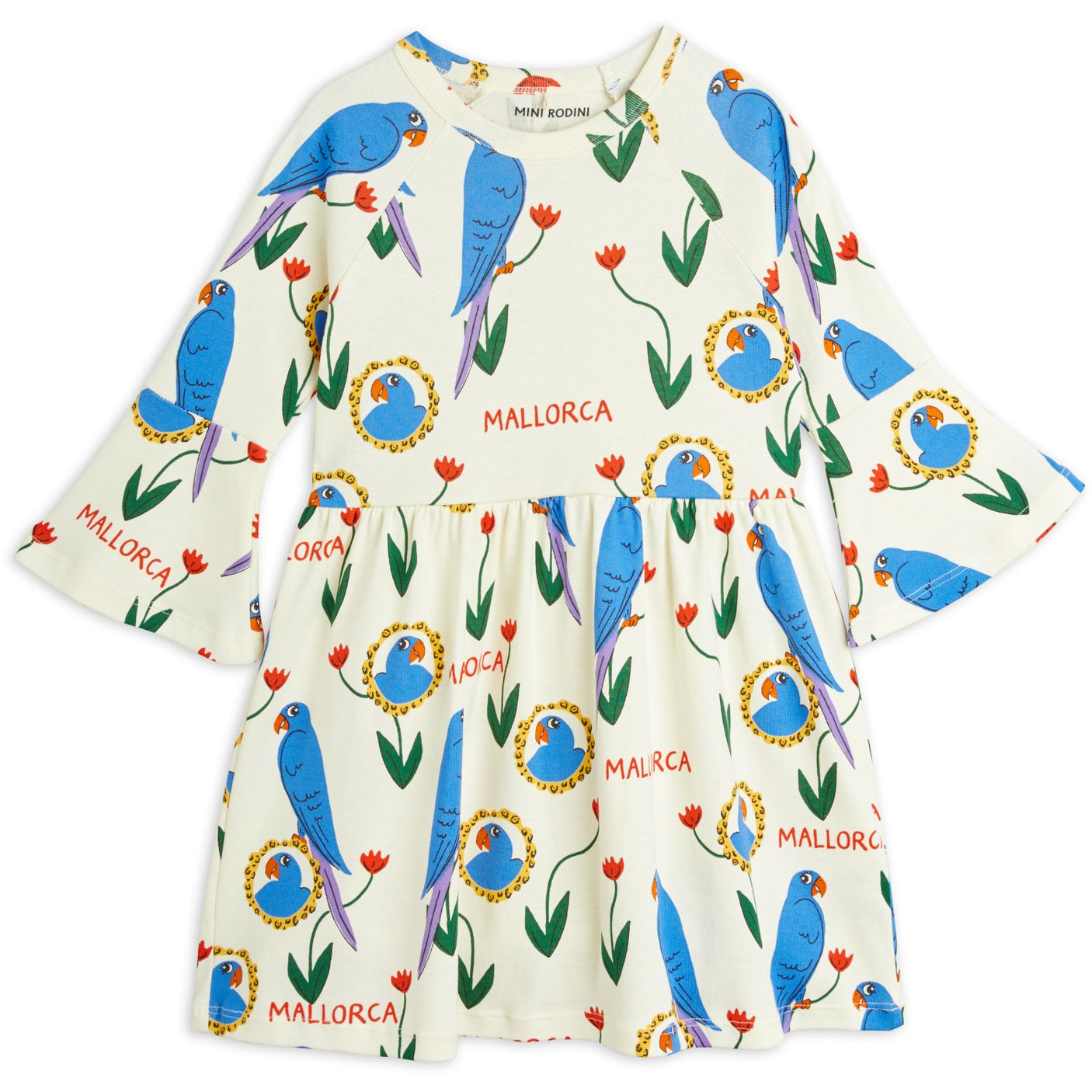 Mini Rodini Multi Parrots AOP Trumpet Sleeve Dress