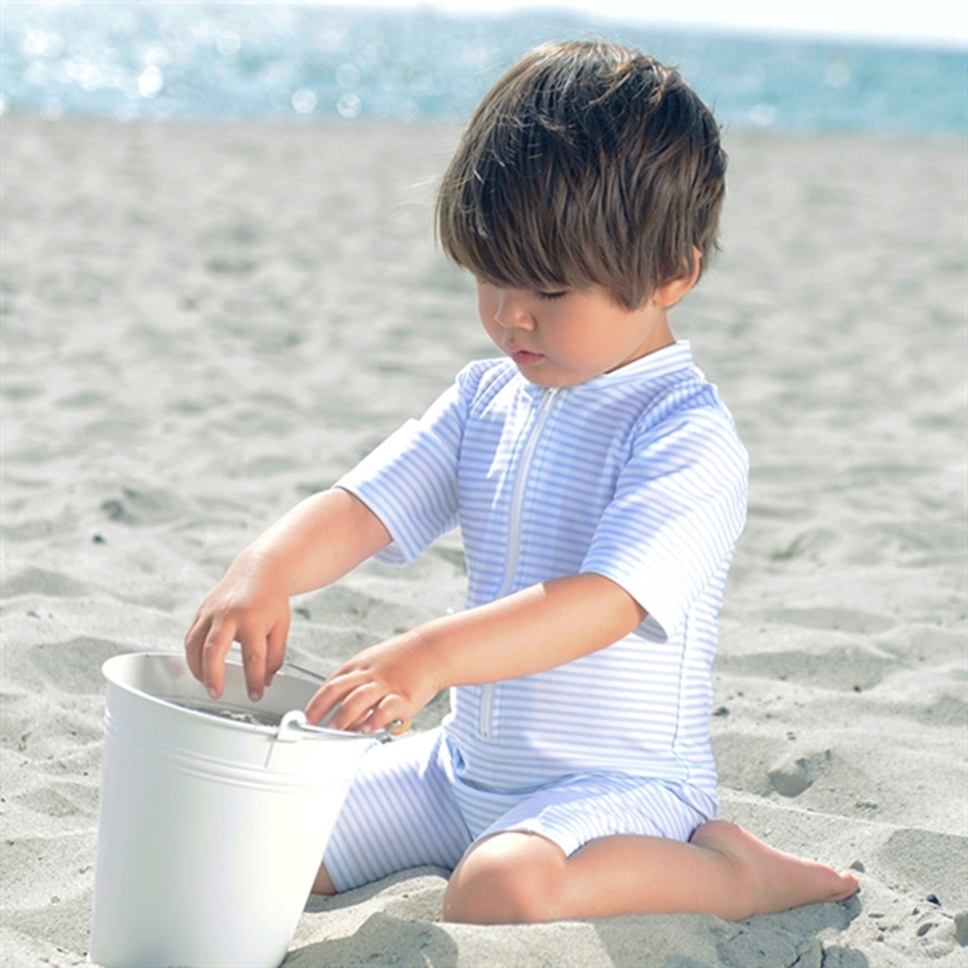 Petit Crabe Baby Blue/White Natsu Sunsuit with Zipper