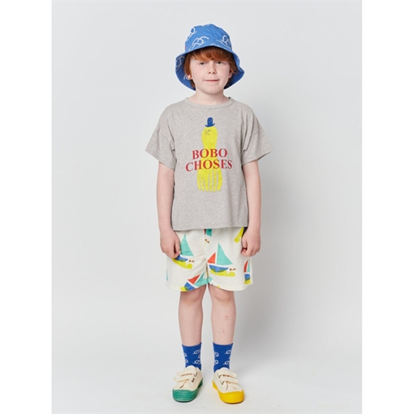 Bobo Choses Light Heather Grey Yellow Squid T-Shirt