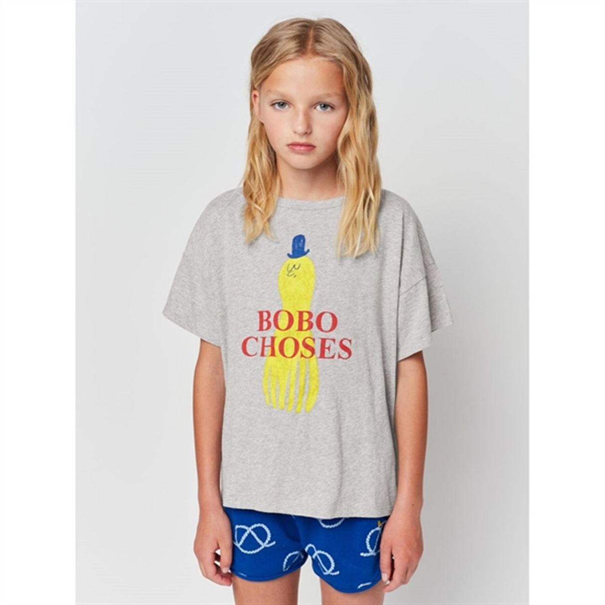 Bobo Choses Light Heather Grey Yellow Squid T-Shirt