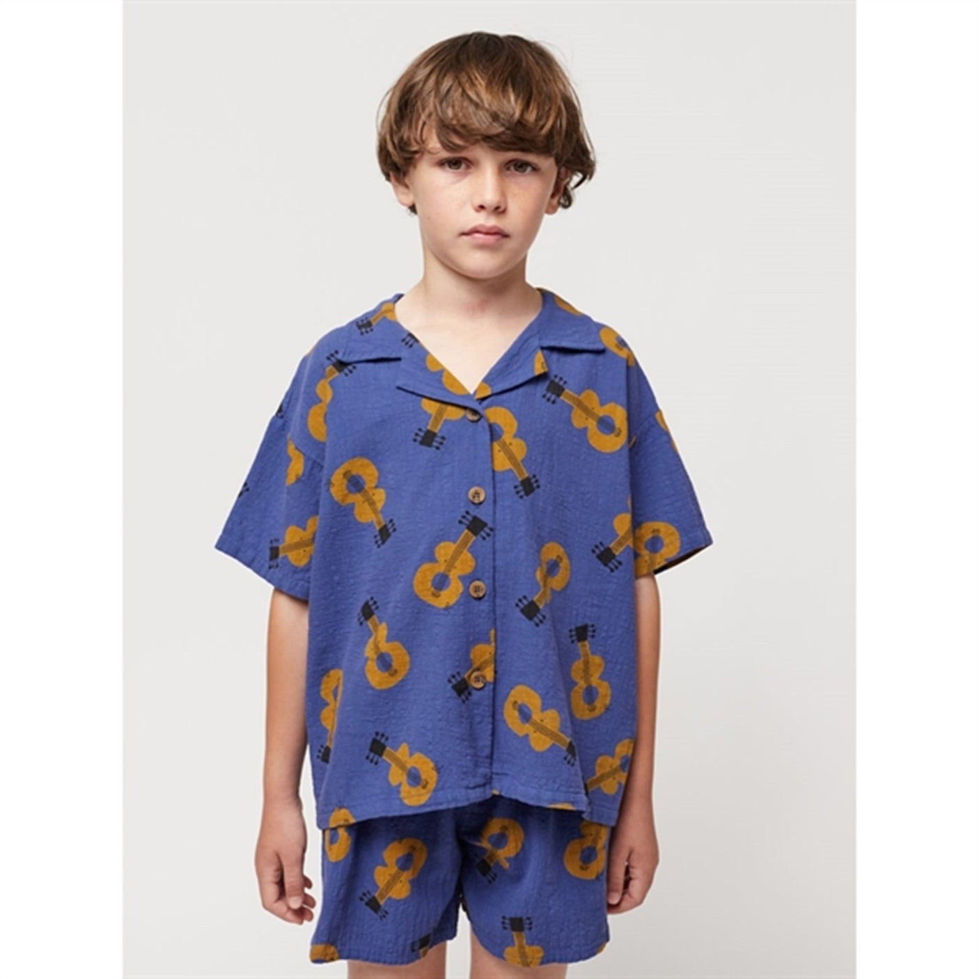 Bobo Choses Acoustic Guitar All Over Woven Shirt Short Sleeve Navy Blue