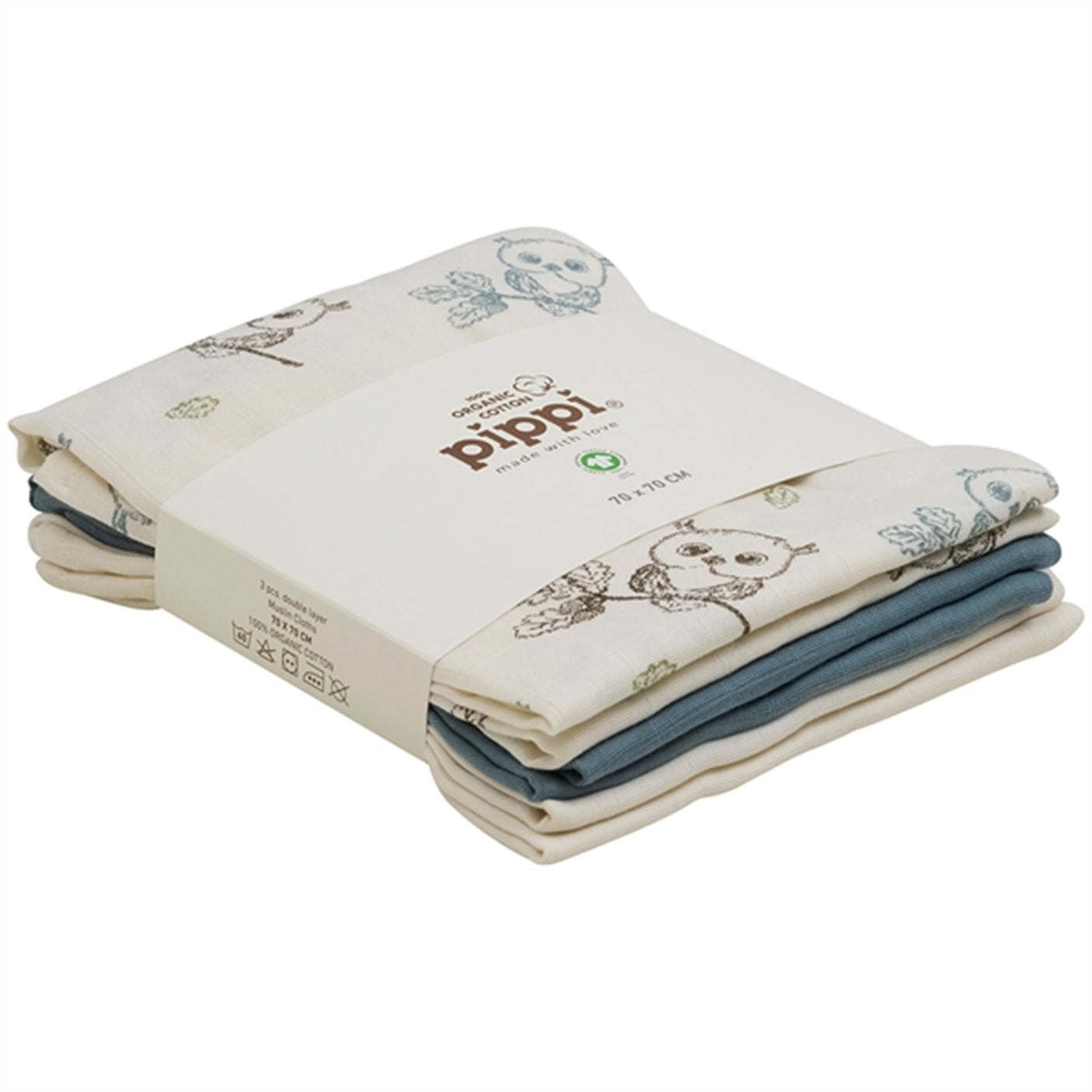 Pippi Organic Muslin Cloths 3-pack Metal Mint