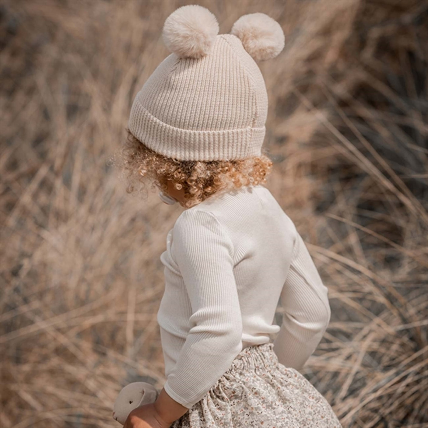 Huttelihut Hat Rib Fold Up Fakefur Off White/Off White Pompom