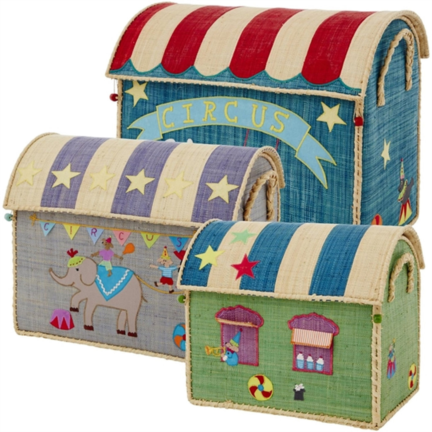 RICE Circus Theme Raffia Kurvehus til Opbevaring 3-pak