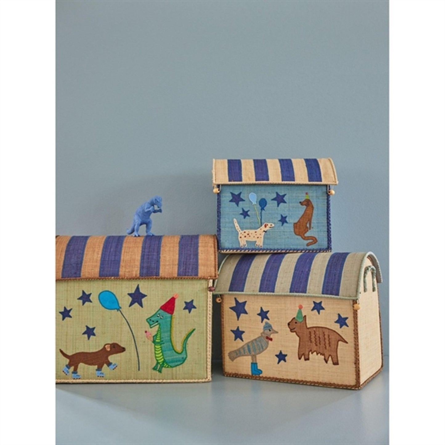 RICE Blue Party Animal Theme Raffia Baskets for Storage 3-pack