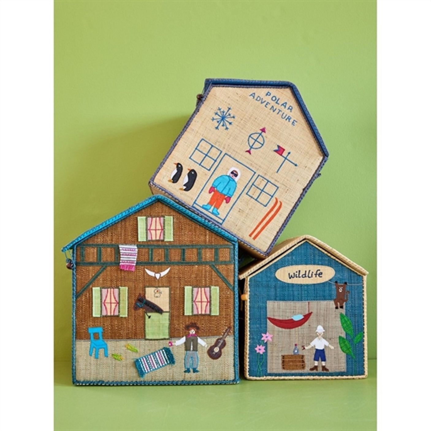 RICE Adventure Theme Raffia Baskets for Storage 3-pack