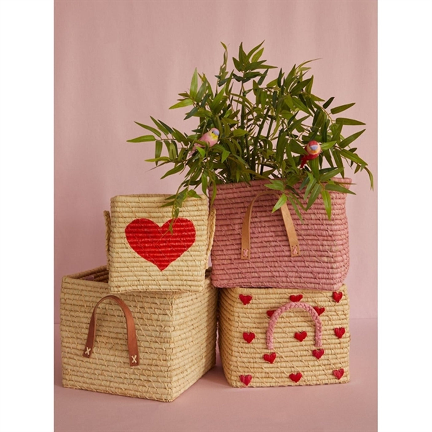 RICE Red Heart Square Raffia Basket 2
