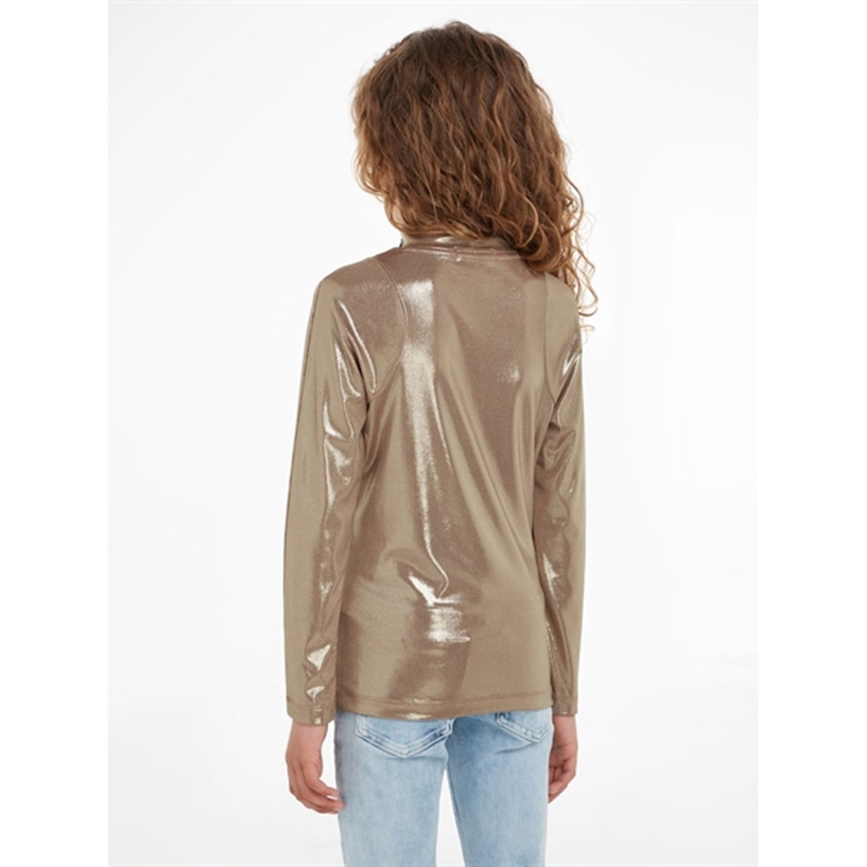 Calvin Klein Metallic Coated Mockneck Blouse Frosted Almond