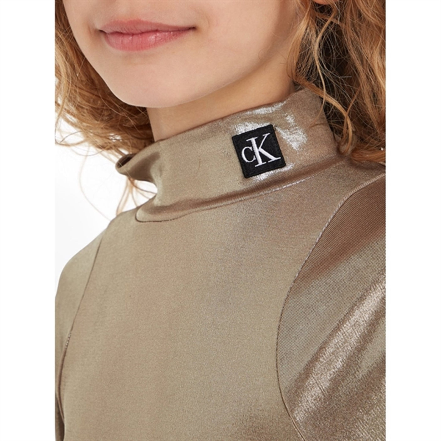 Calvin Klein Metallic Coated Mockneck Blouse Frosted Almond