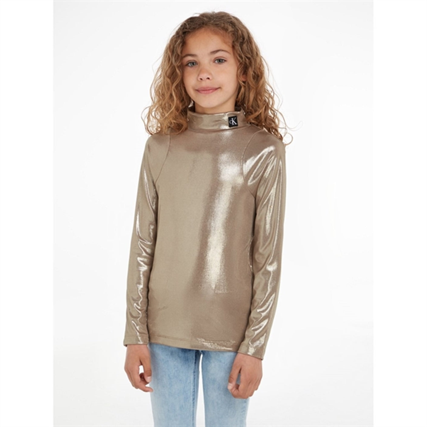 Calvin Klein Metallic Coated Mockneck Blouse Frosted Almond