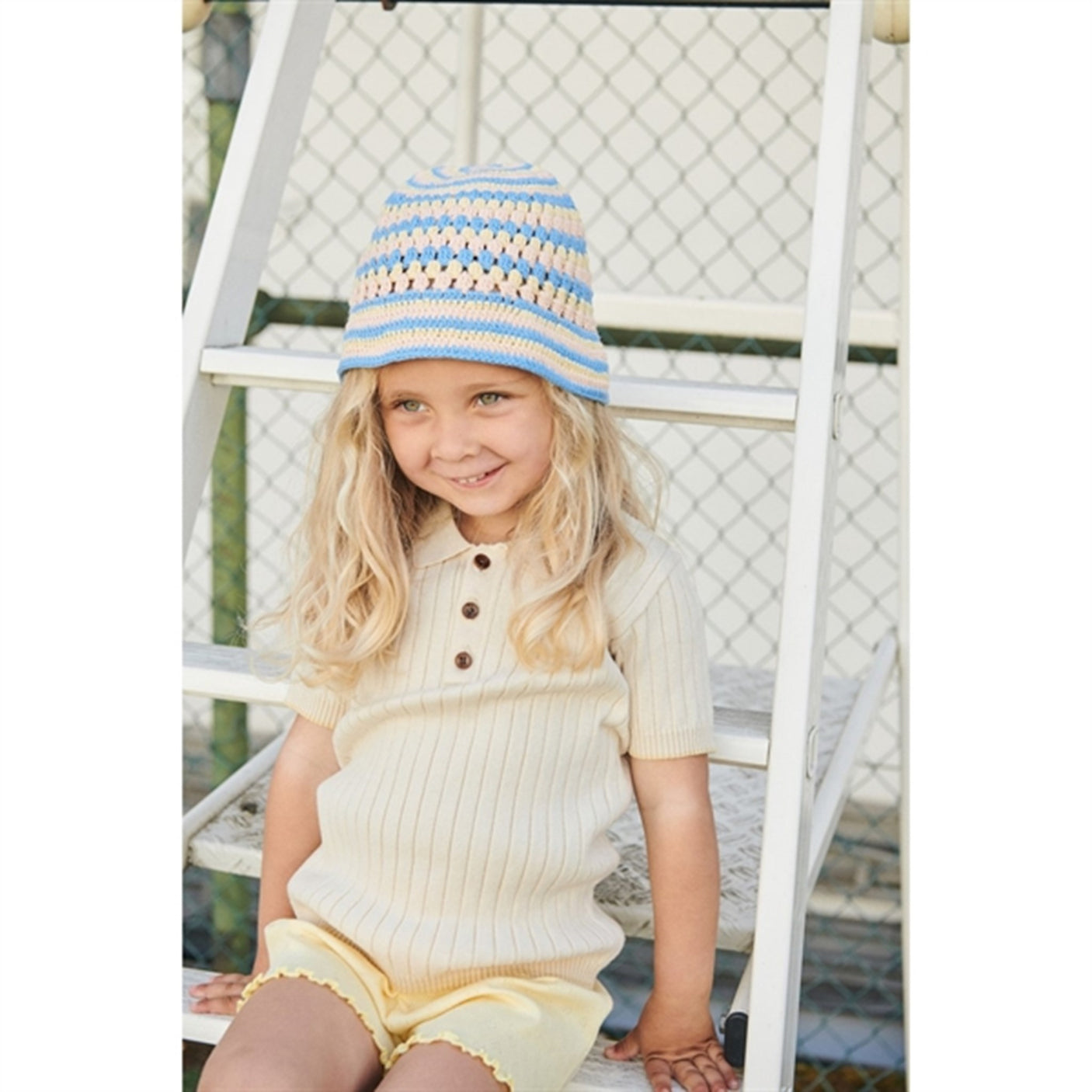 Copenhagen Colors Sky Blue/Pale Yellow/Dusty Rose Comb. Hat Crocheted