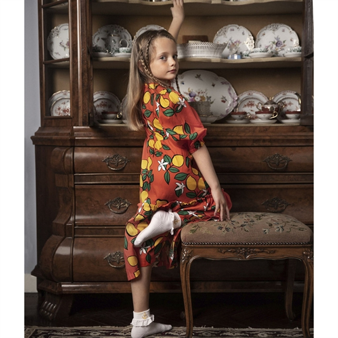 Mini Rodini Lemons Aop Woven Puff Sleeve Dress Red