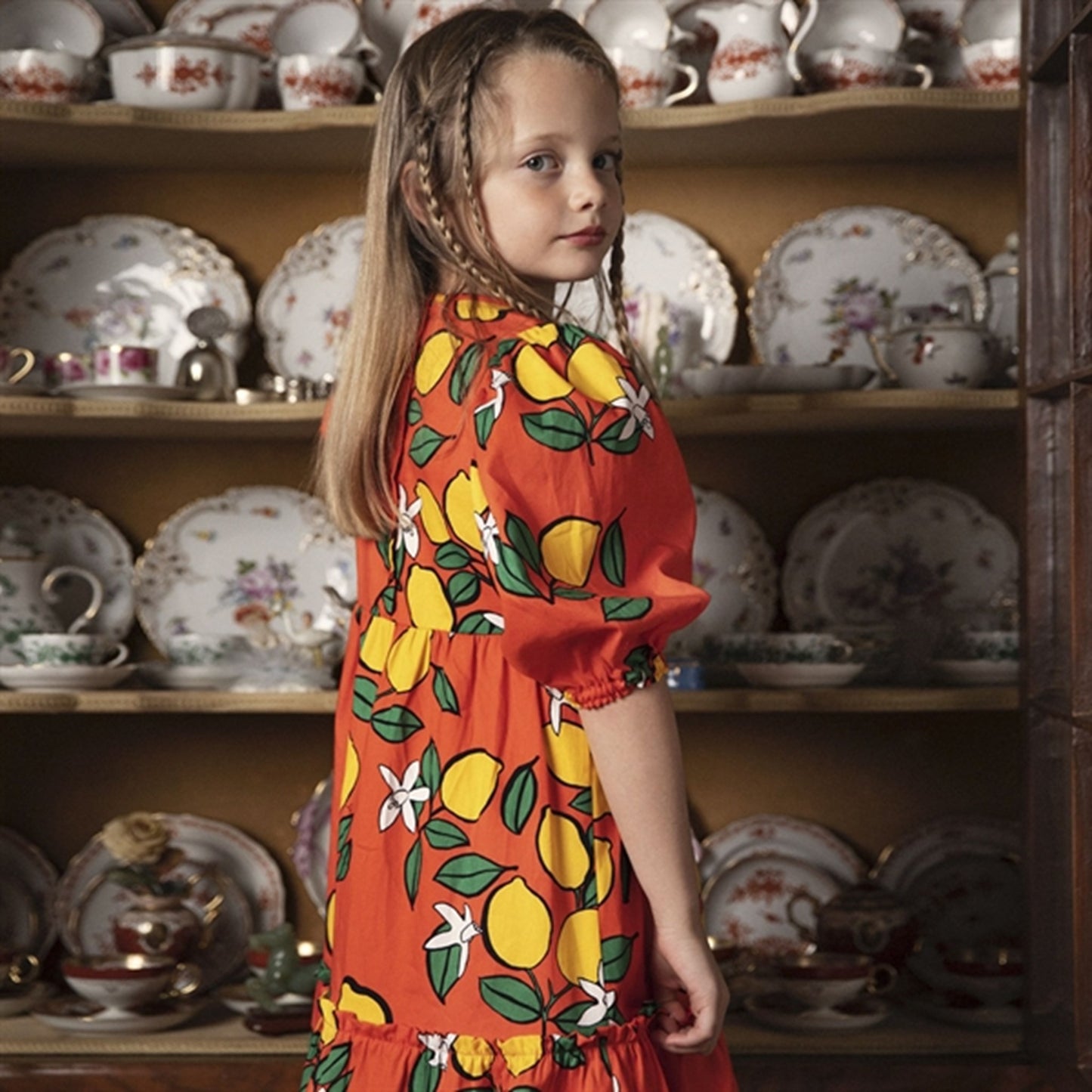 Mini Rodini Lemons Aop Woven Puff Sleeve Dress Red