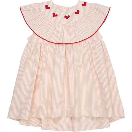 Copenhagen Colors Dusty Rose W Cream Stripe Seersucker Dress w. Hearts