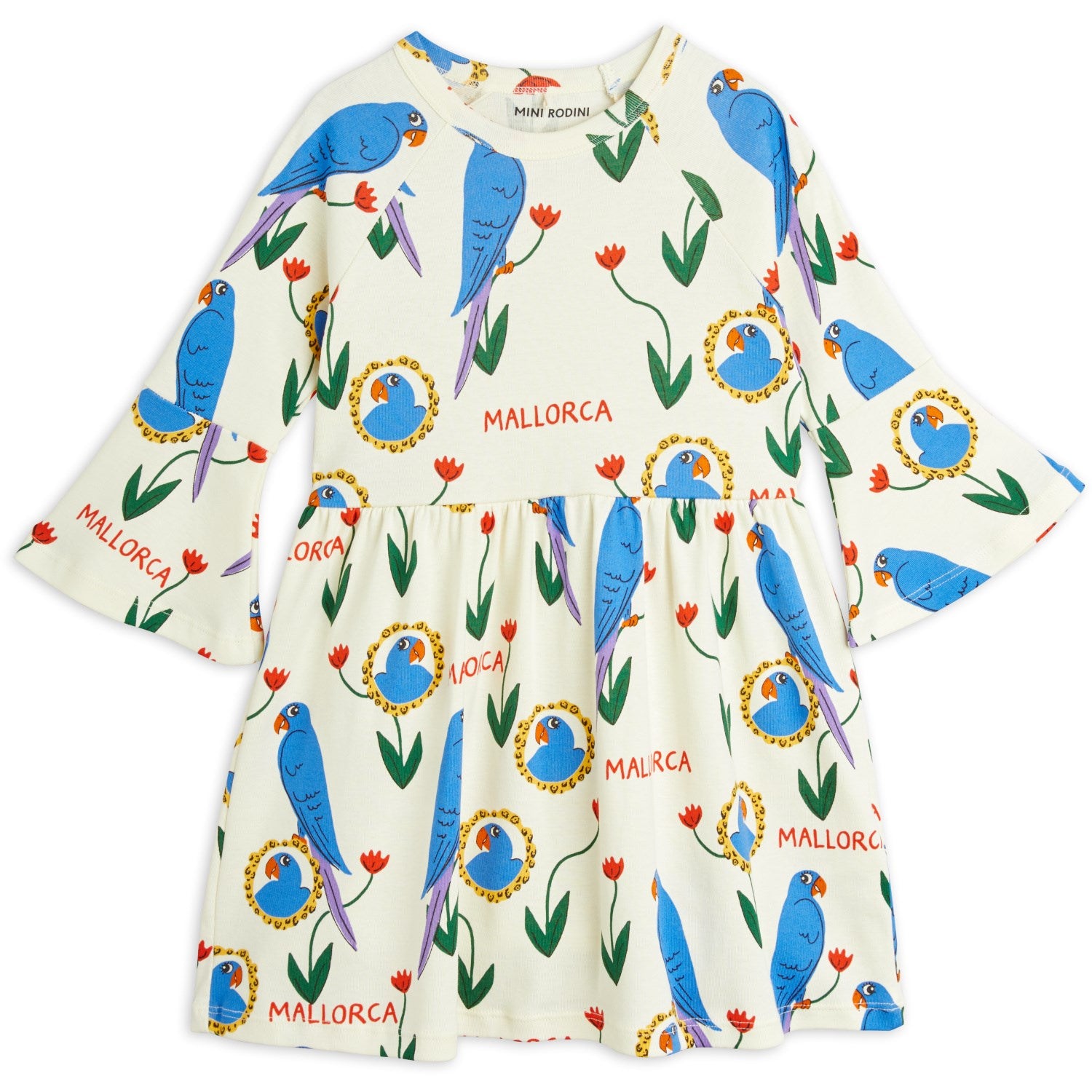 Mini Rodini Multi Parrots AOP Trumpet Sleeve Dress