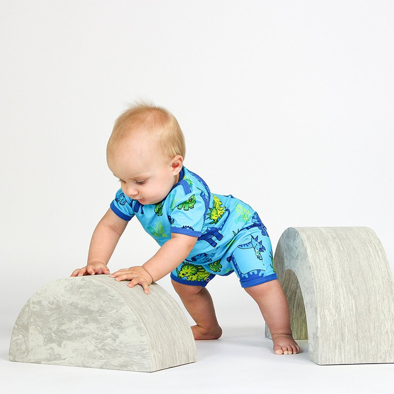Småfolk Blue Atoll Short-Sleeved Jumpsuit With Dinosaur
