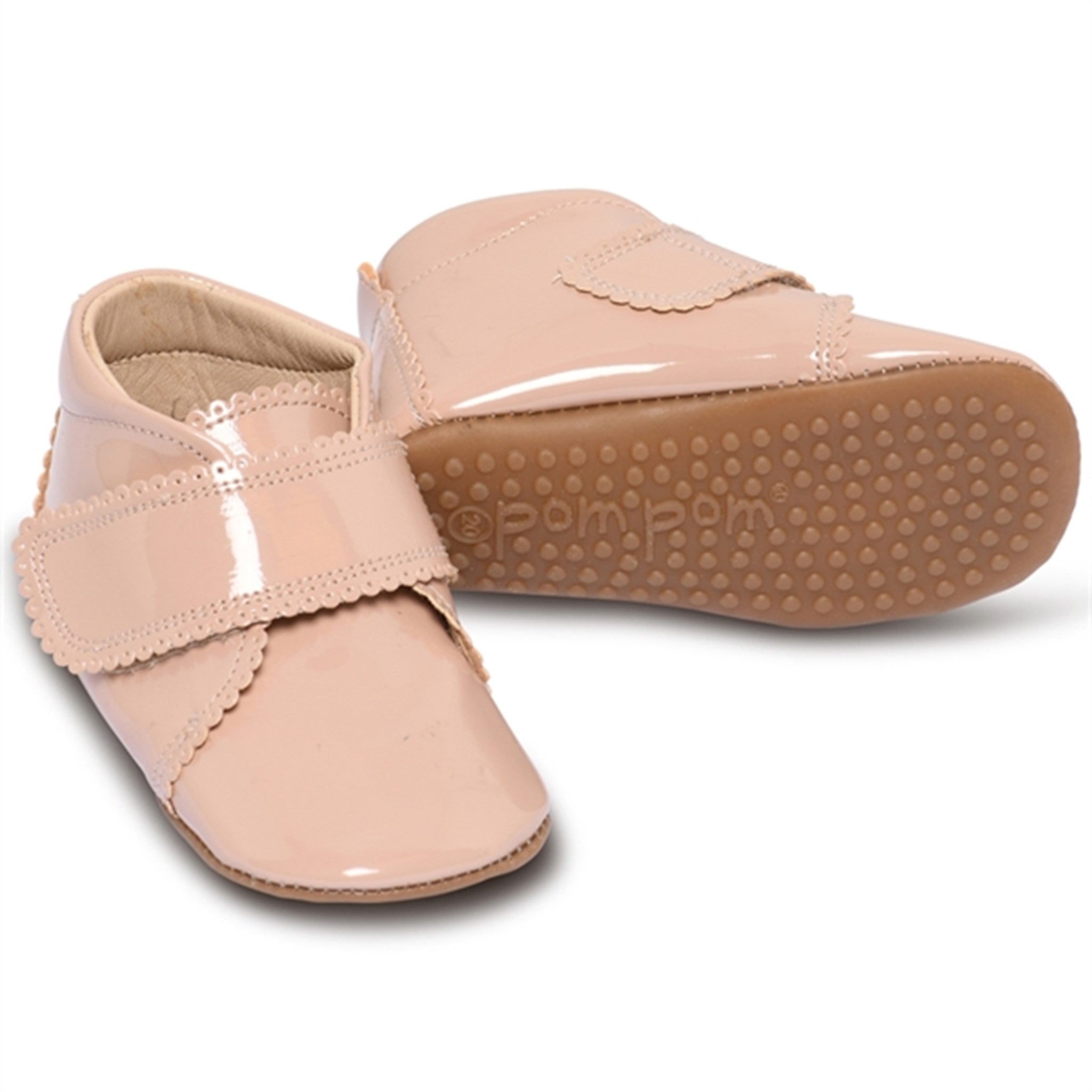 Pom Pom Indoor Shoes Velcro Scallops Dusty Rose Patent