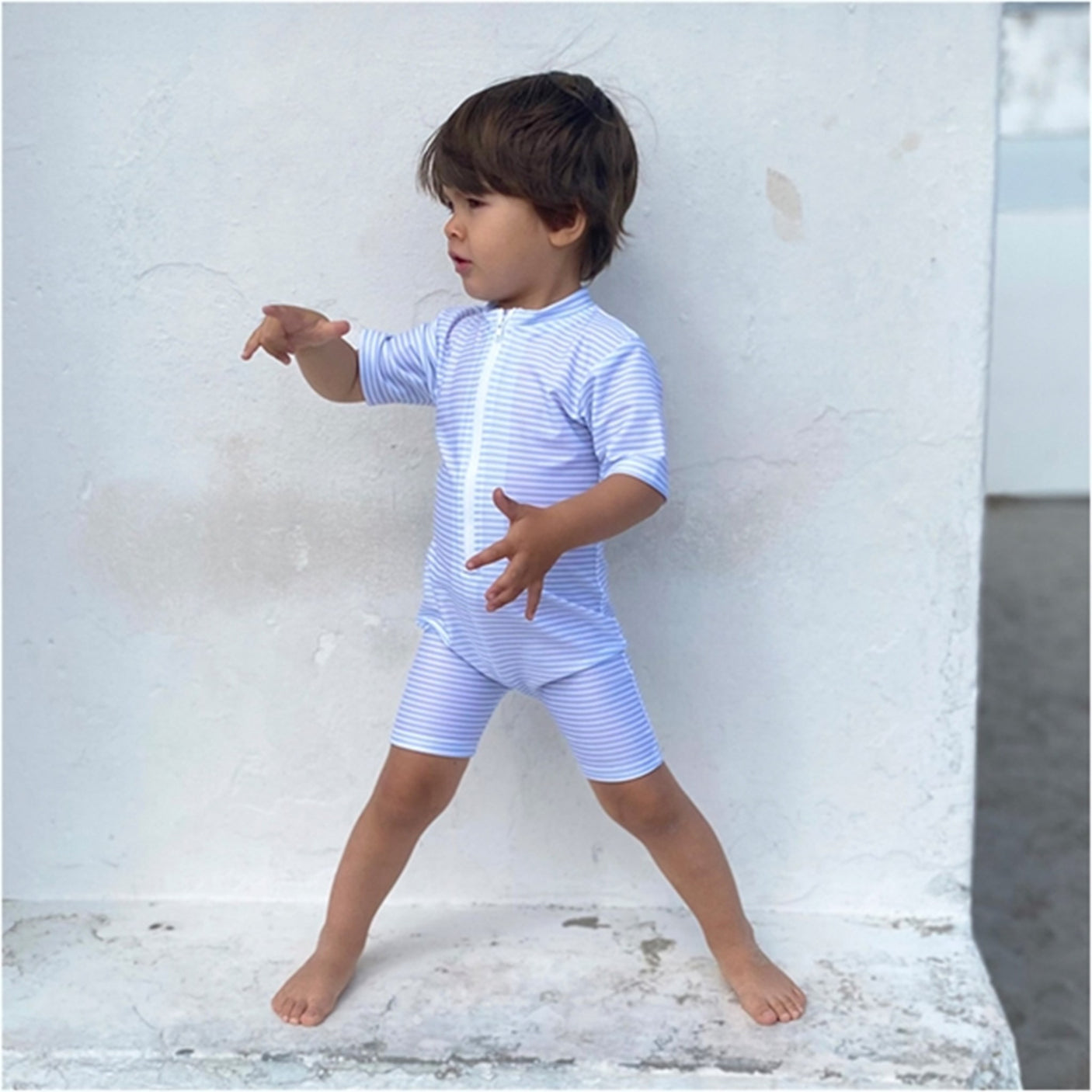 Petit Crabe Baby Blue/White Natsu Sunsuit with Zipper