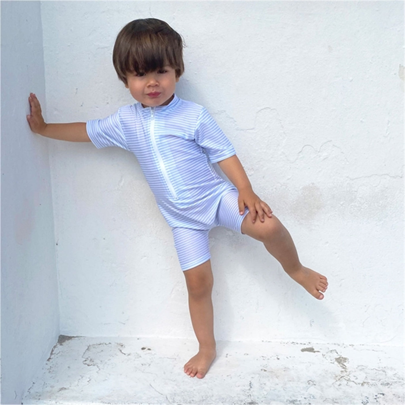 Petit Crabe Baby Blue/White Natsu Sunsuit with Zipper