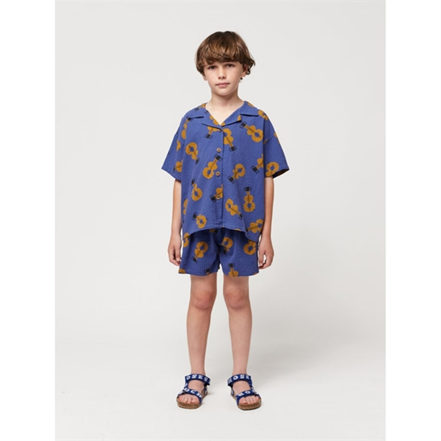 Bobo Choses Acoustic Guitar All Over Woven Shirt Short Sleeve Navy Blue
