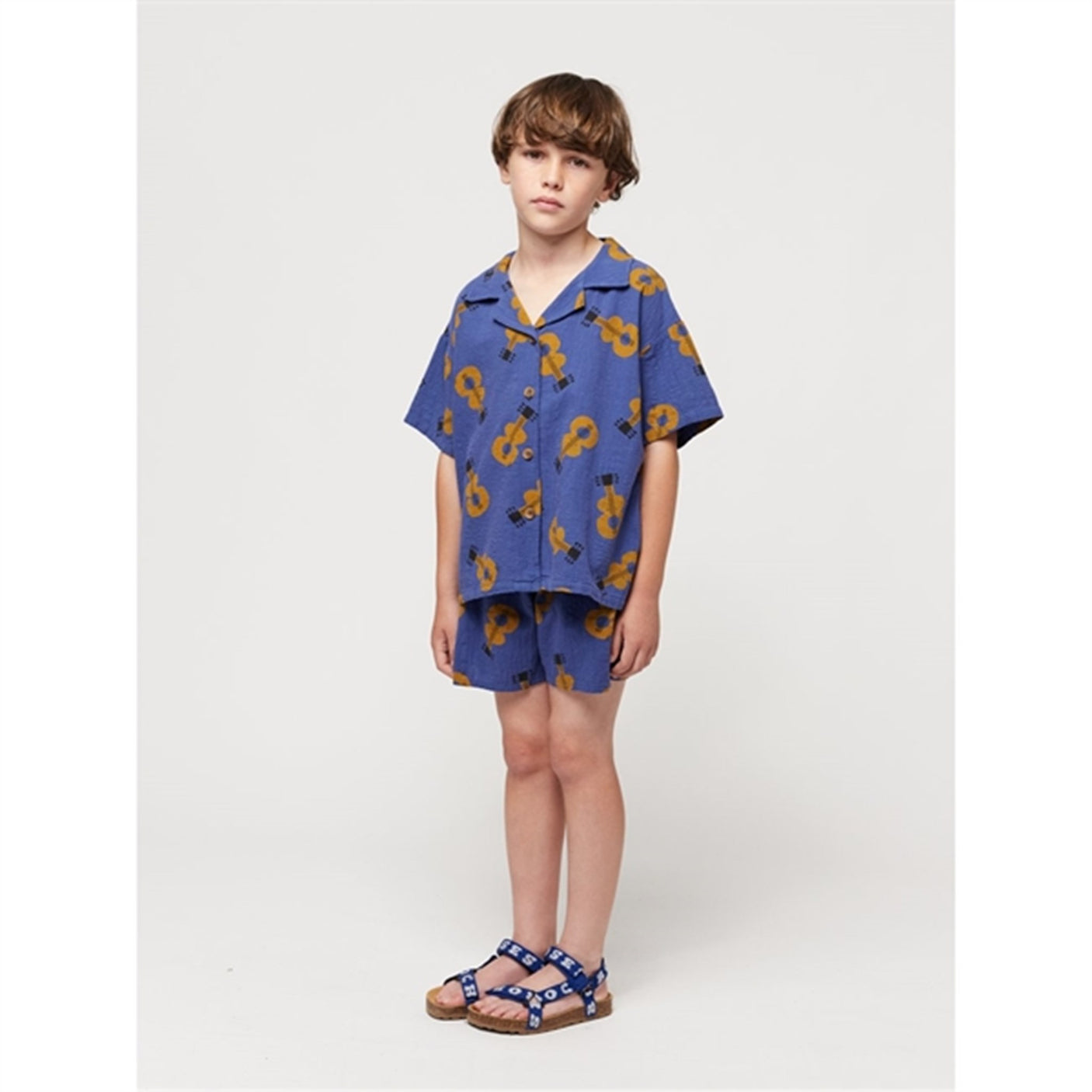 Bobo Choses Acoustic Guitar All Over Woven Shirt Short Sleeve Navy Blue