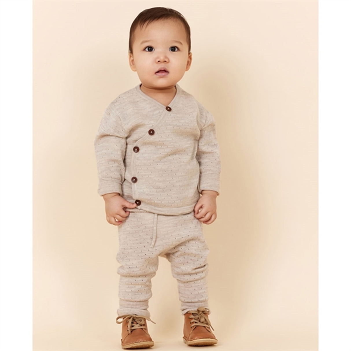 Copenhagen Colors Pale Cream Melange Merino Crossover Cardigan Pointelle