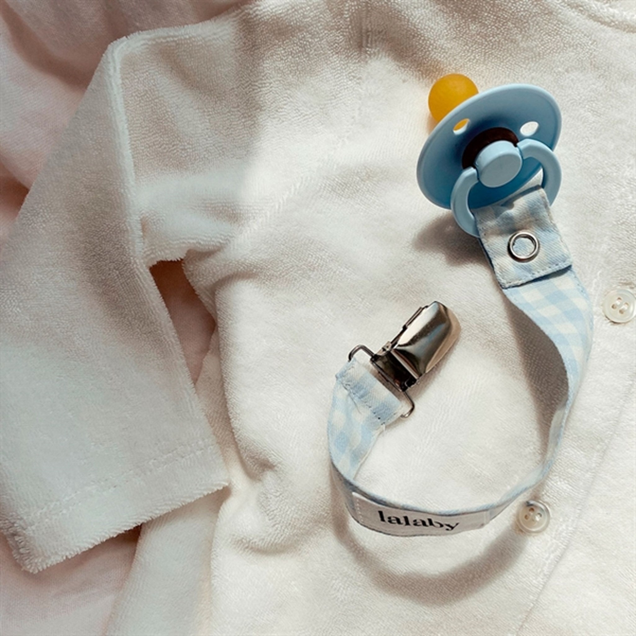 lalaby Blue Gingham Pacifier Clip 2