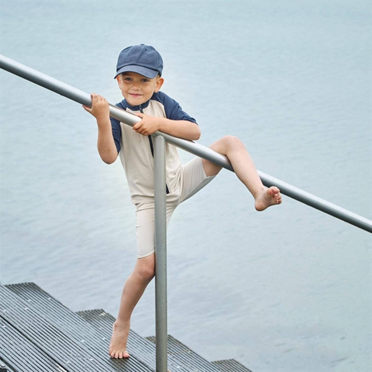 Petit Crabe Latte/Blue Multi Color Onesie with Zipper