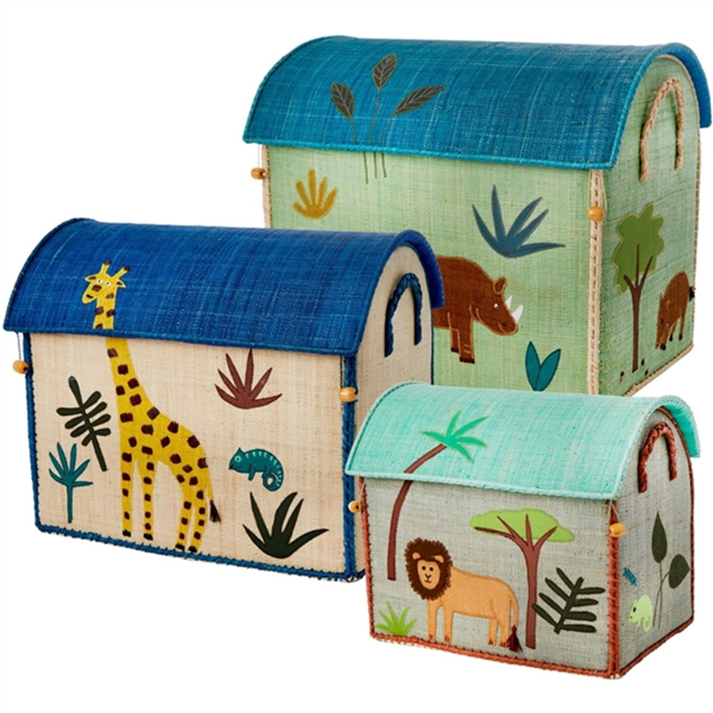 RICE Jungle Theme Raffia Baskets for Storage 3-pack