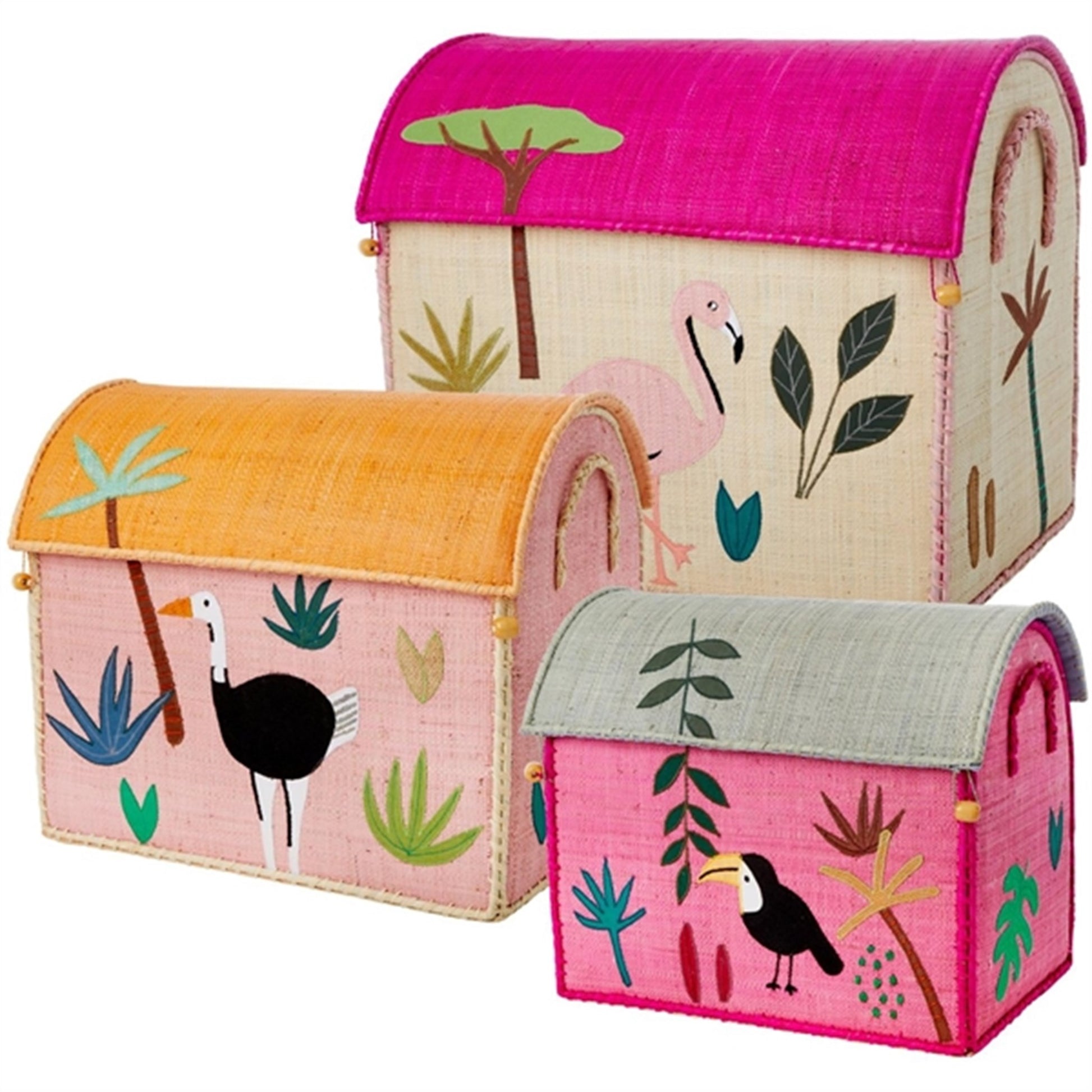 RICE Jungle Theme Raffia Baskets for Storage 3-pack