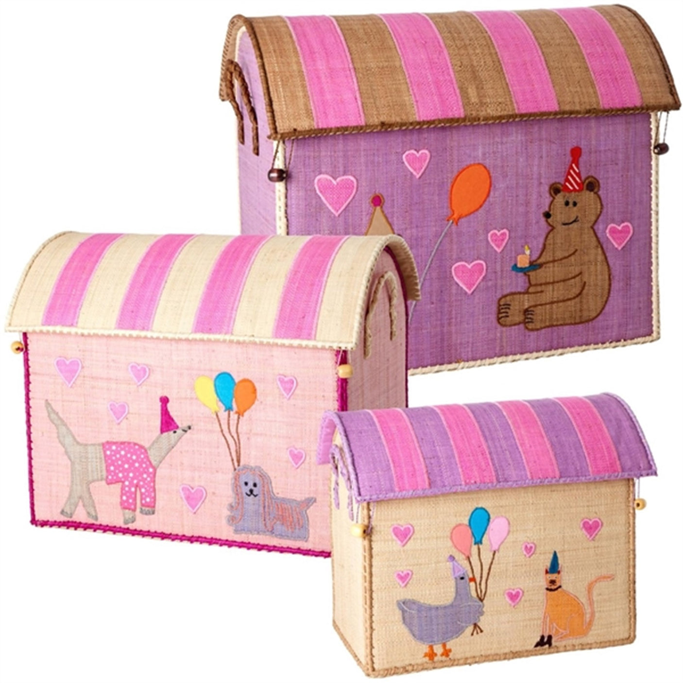 RICE Pink Party Animal Theme Raffia Baskets for Storage 3-pack