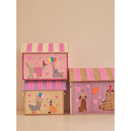 RICE Pink Party Animal Theme Raffia Baskets for Storage 3-pack