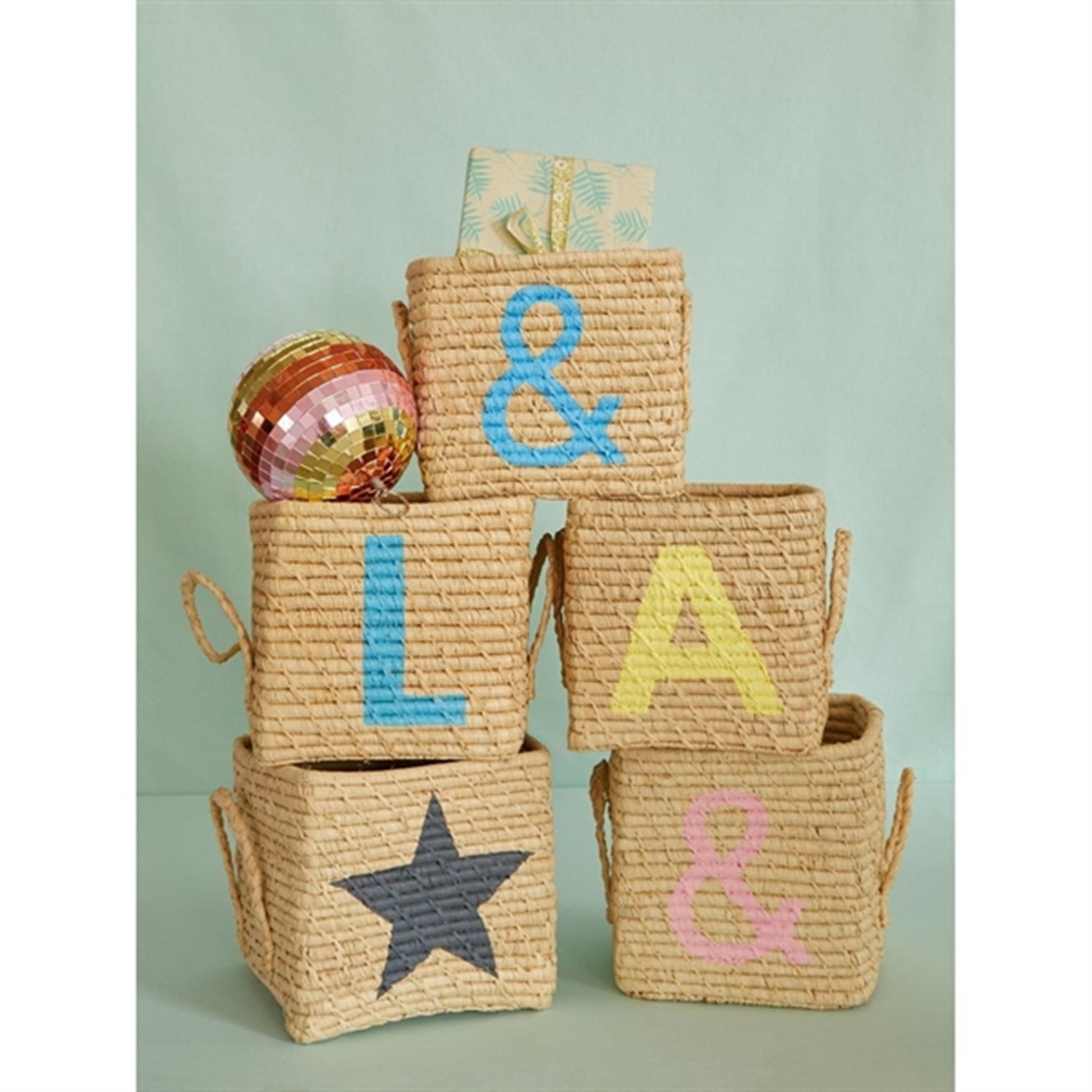 RICE Dark Grey Star Square Raffia Basket