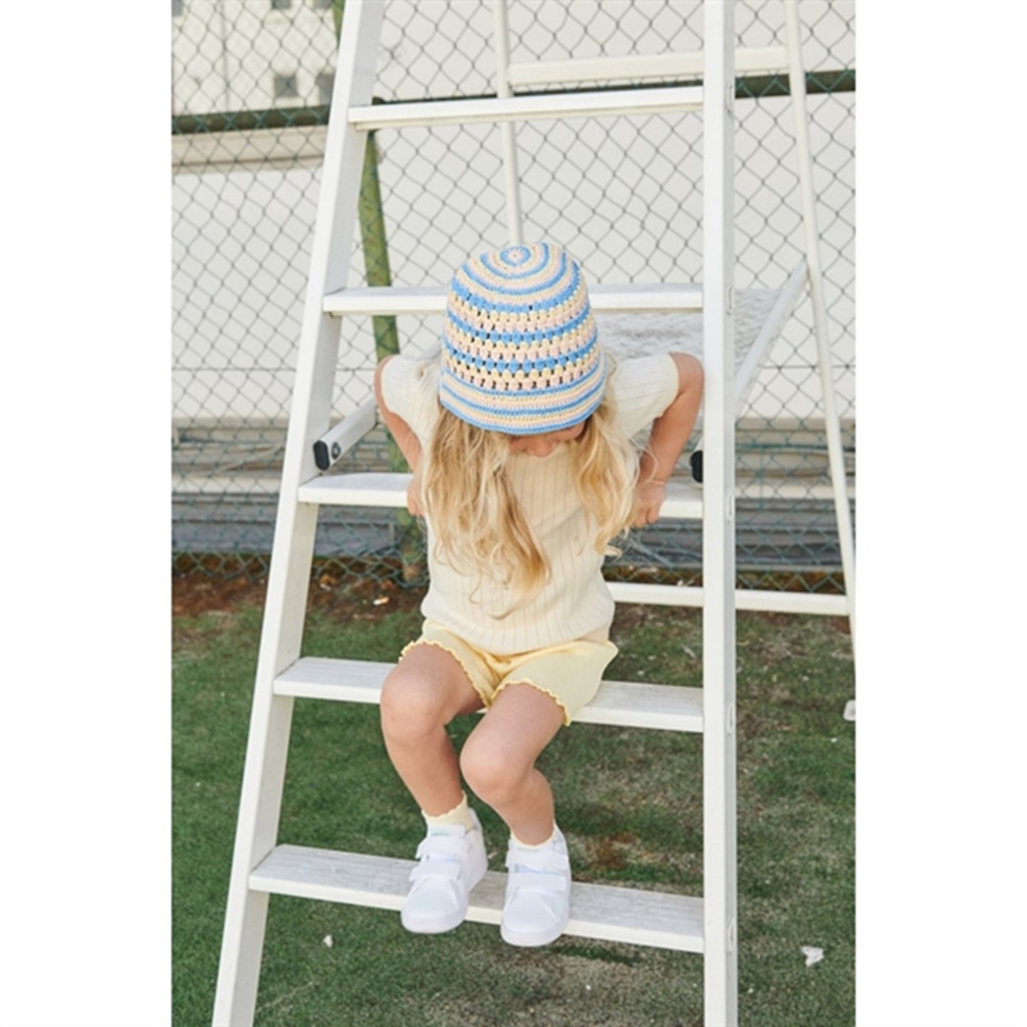 Copenhagen Colors Sky Blue/Pale Yellow/Dusty Rose Comb. Hat Crocheted