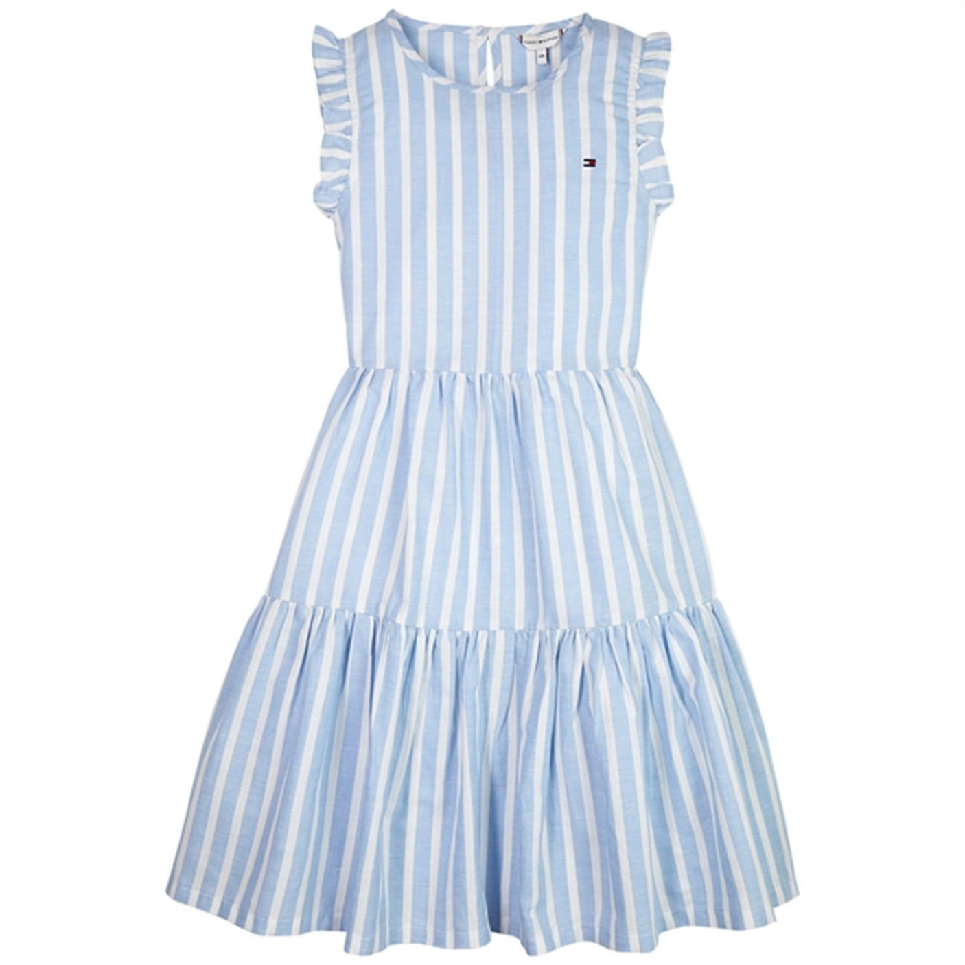 Tommy Hilfiger Striped Hemp Ruffle Dress Medium Blue Stripe