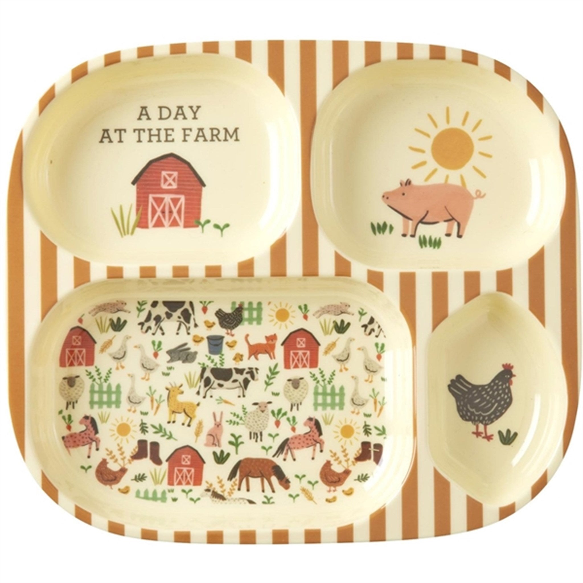 RICE Brown Farm Totable Melamine Childrens Plate with 4 Rooms