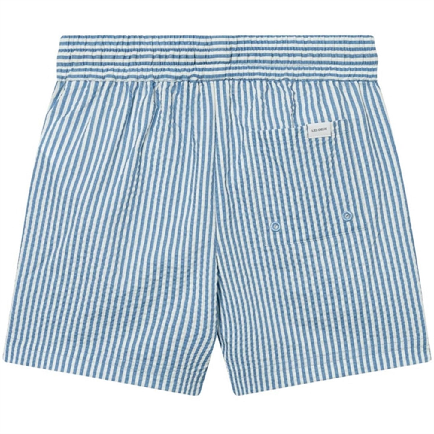 Les Deux Kids Washed Denim Blue/Light Ivory Stan Stripe Seersucker Swim Shorts