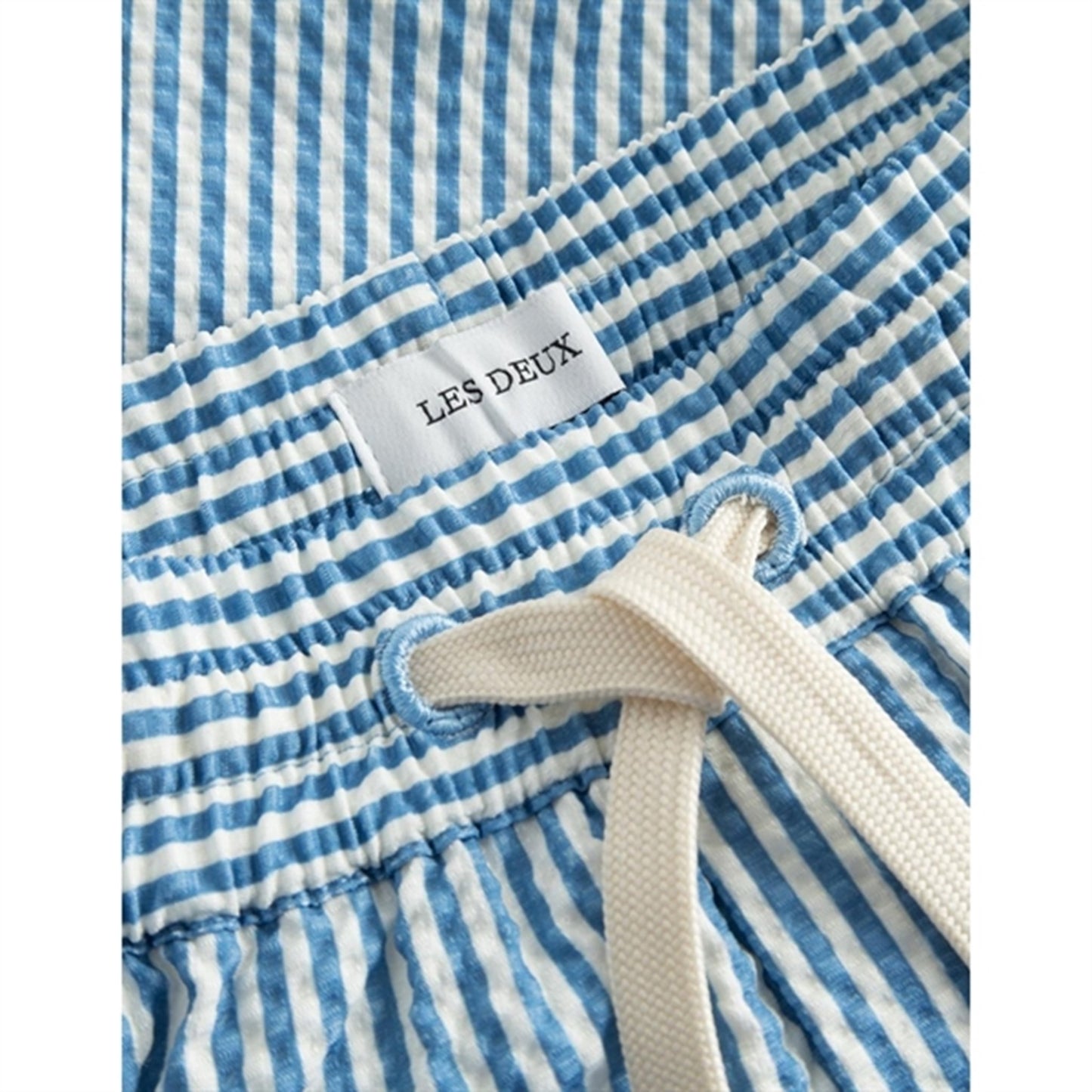 Les Deux Kids Washed Denim Blue/Light Ivory Stan Stripe Seersucker Swim Shorts