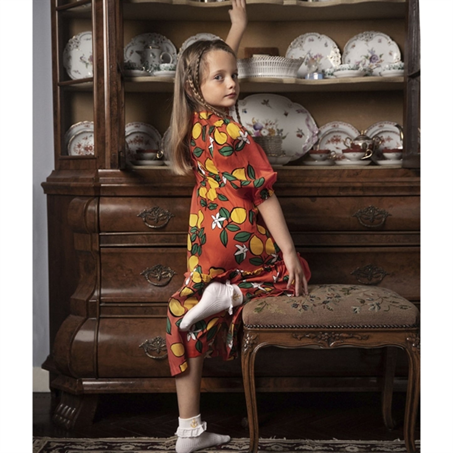 Mini Rodini Lemons Aop Woven Puff Sleeve Dress Red