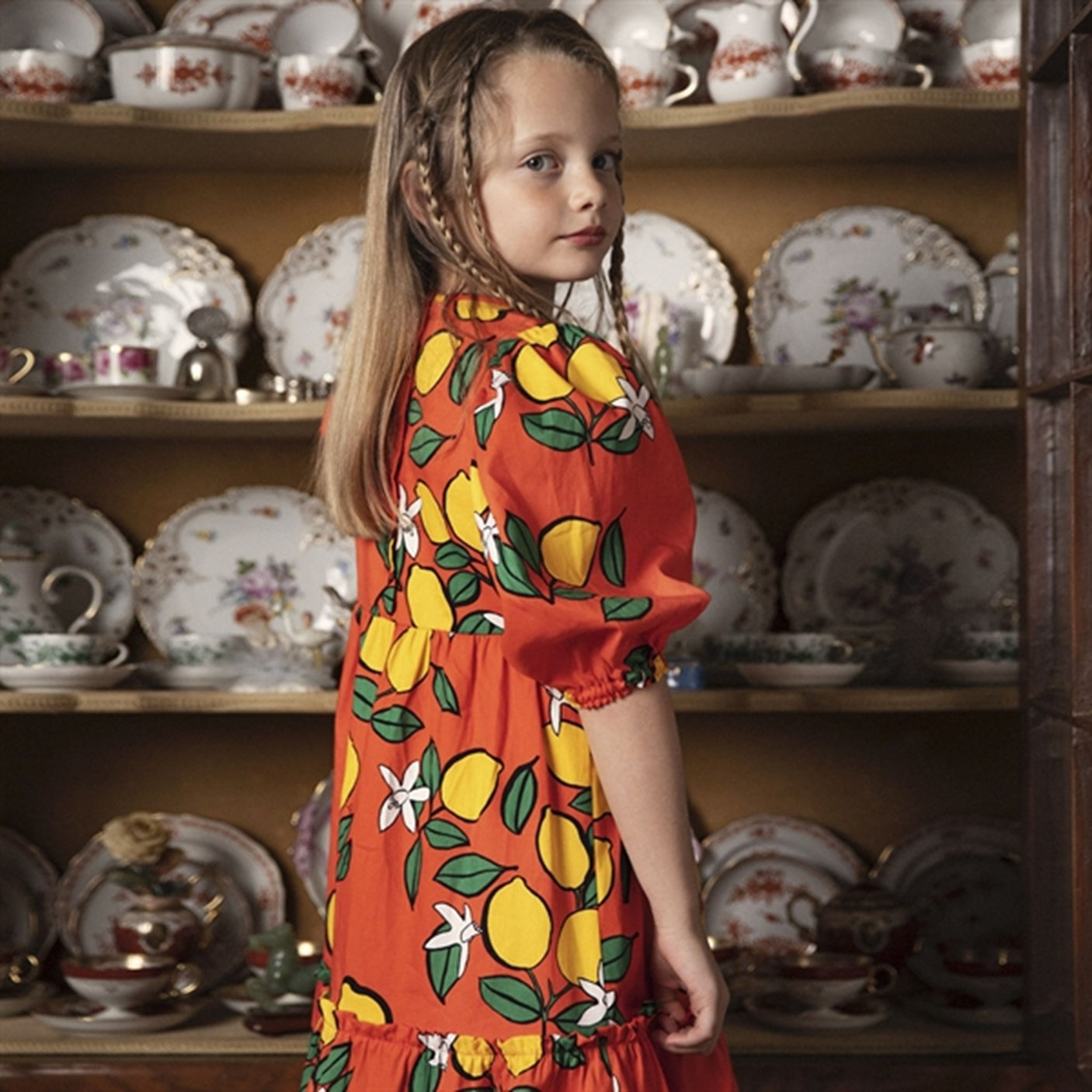 Mini Rodini Lemons Aop Woven Puff Sleeve Dress Red