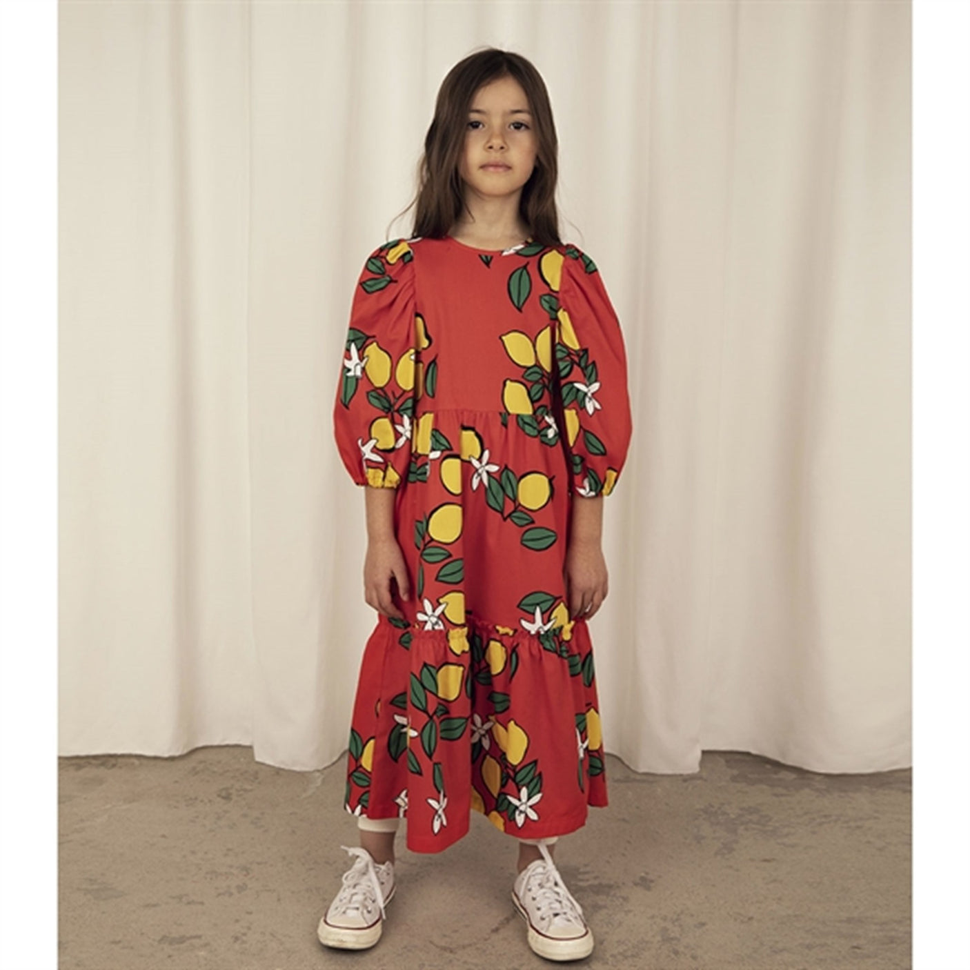 Mini Rodini Lemons Aop Woven Puff Sleeve Dress Red