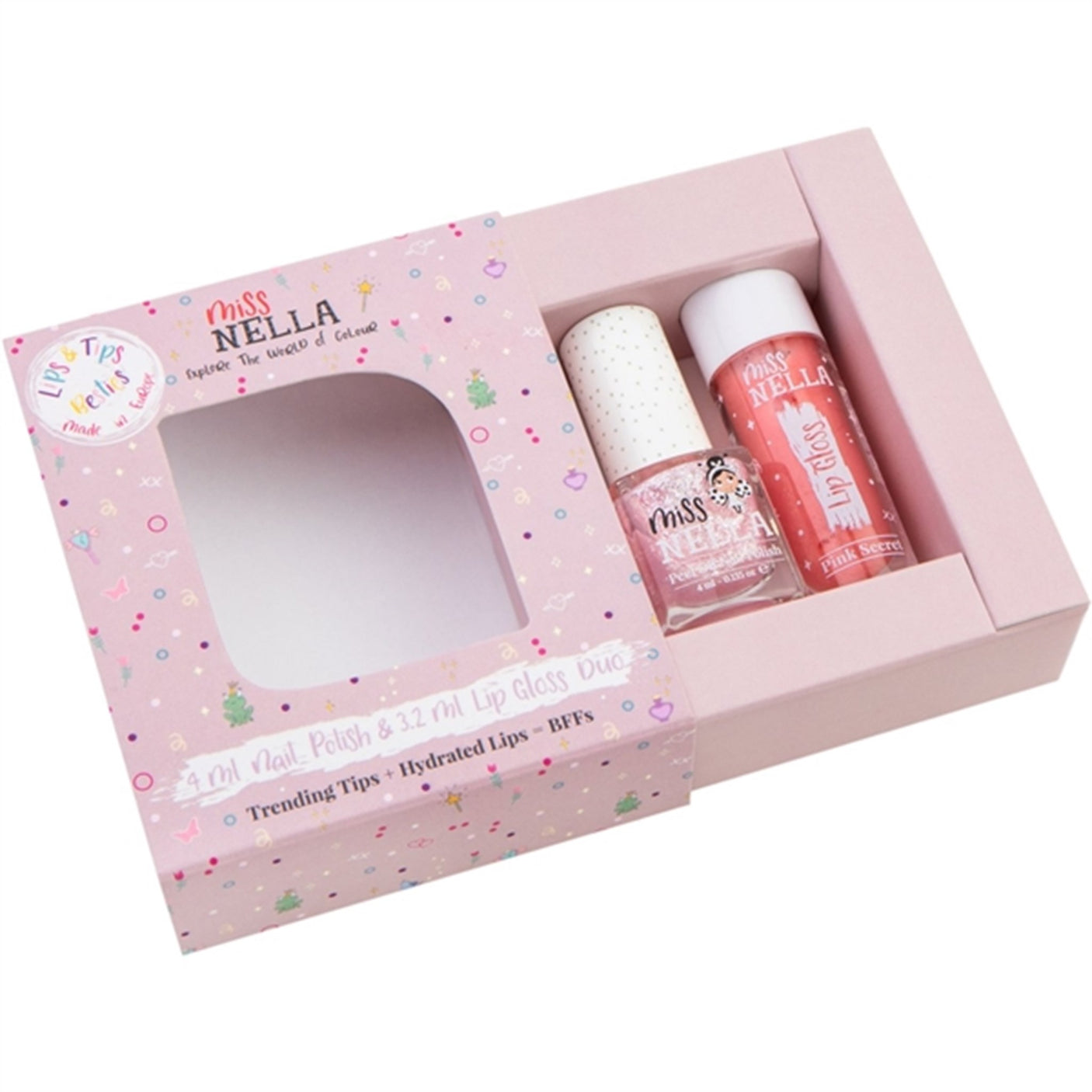 Miss Nella Lip Gloss Pink Secret + Nail Polish Itsy Glitzy Hippo
