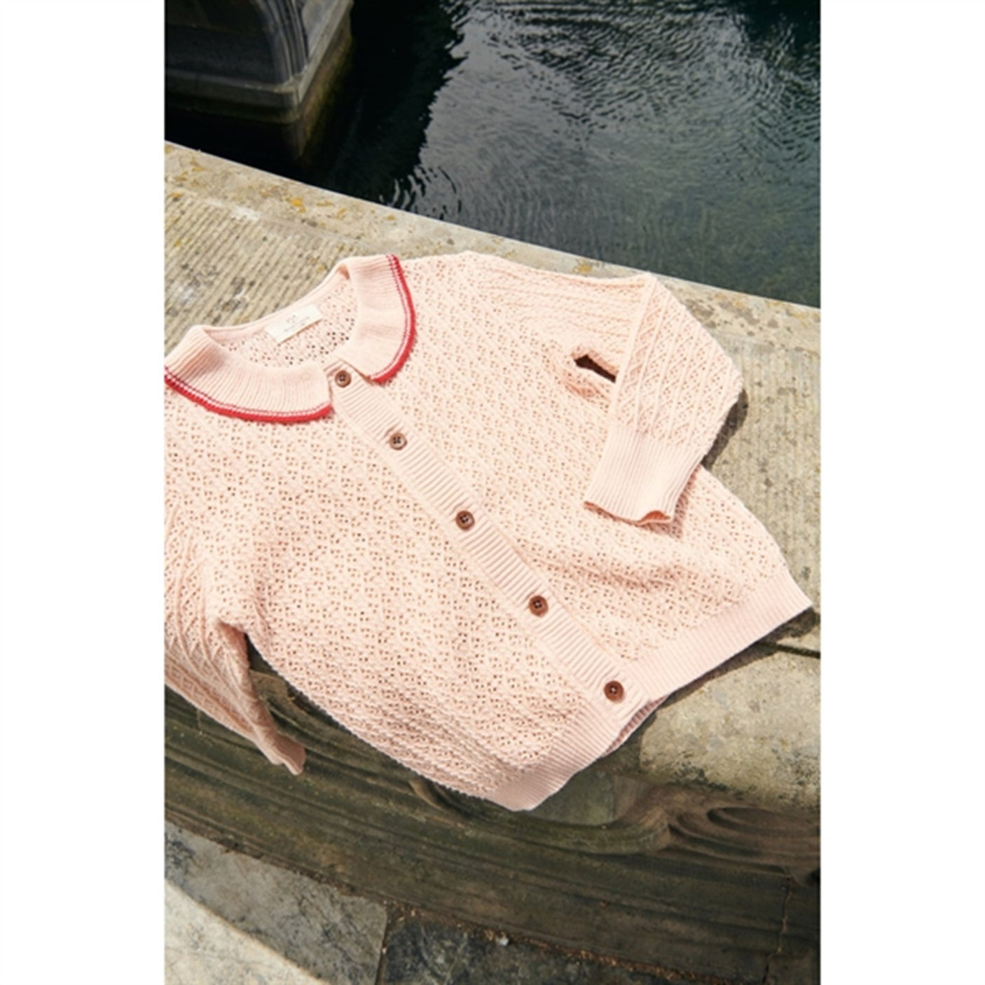 Copenhagen Colors Dusty Rose/Red Comb. Pointelle Cable Knit Cardigan w. Collar