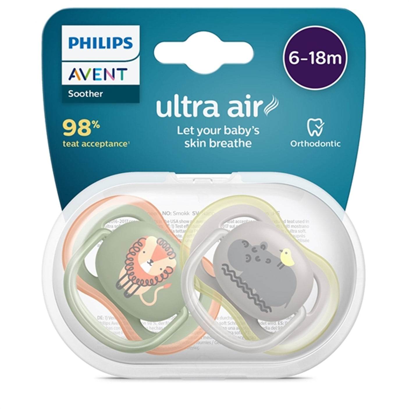 Philips Avent Ultra Air Pacifier 6-18 months Lion/Hippo 2-pack