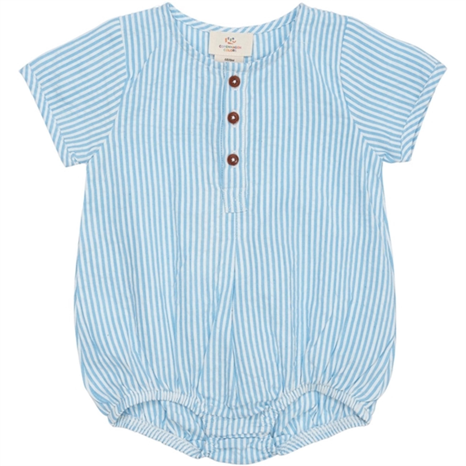 Copenhagen Colors Sky Blue W Cream Stripe Seersucker Romper m. sleeves